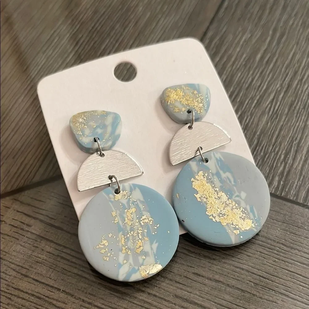 Soft Pottery Material Blue Marbled With Gold Foil Accent Geometric Drop Earrings